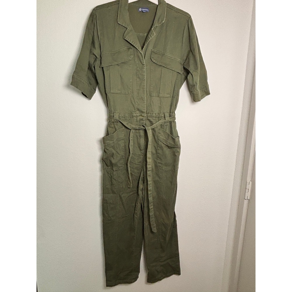 Democracy Womens Olive Green Utility Jumpsuit Short Sleeve Tie Waist Size L